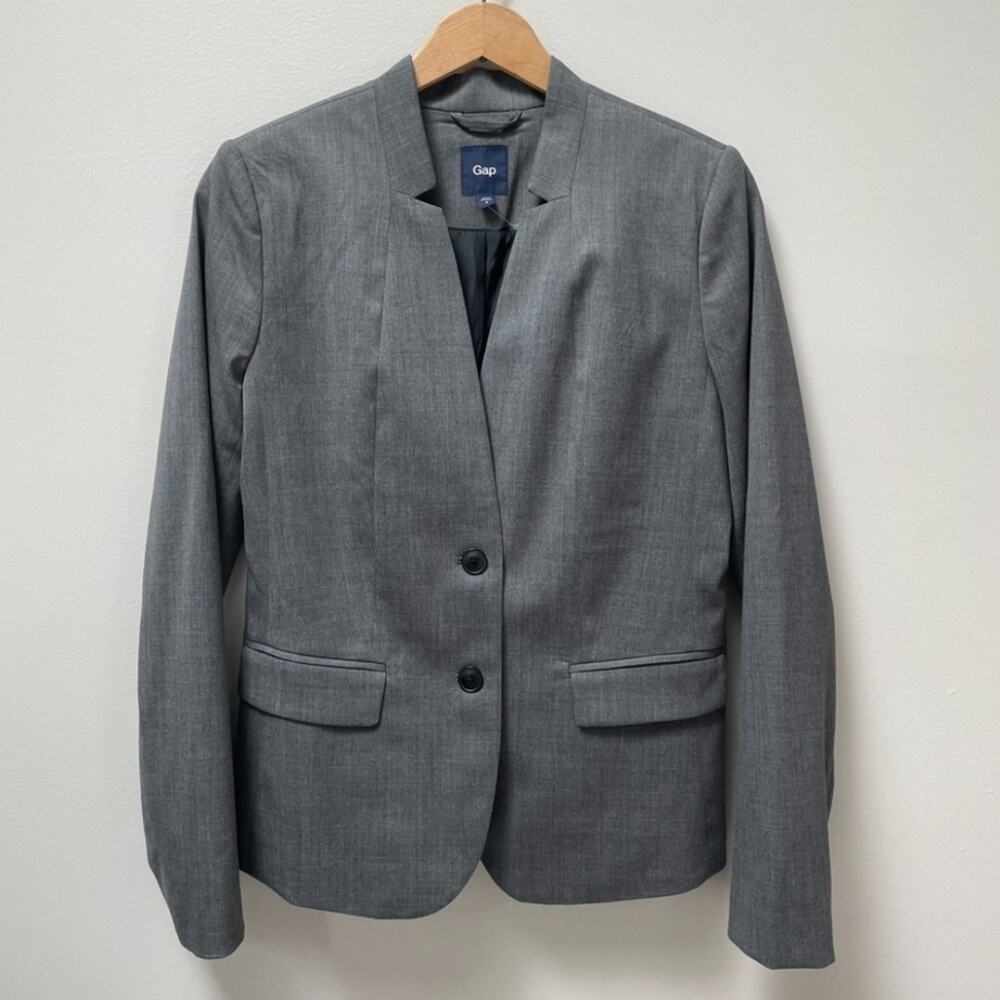 GAP Women's Tab Collar Wool Blend Charcoal Blazer Button Sz 8 Career Minimalist